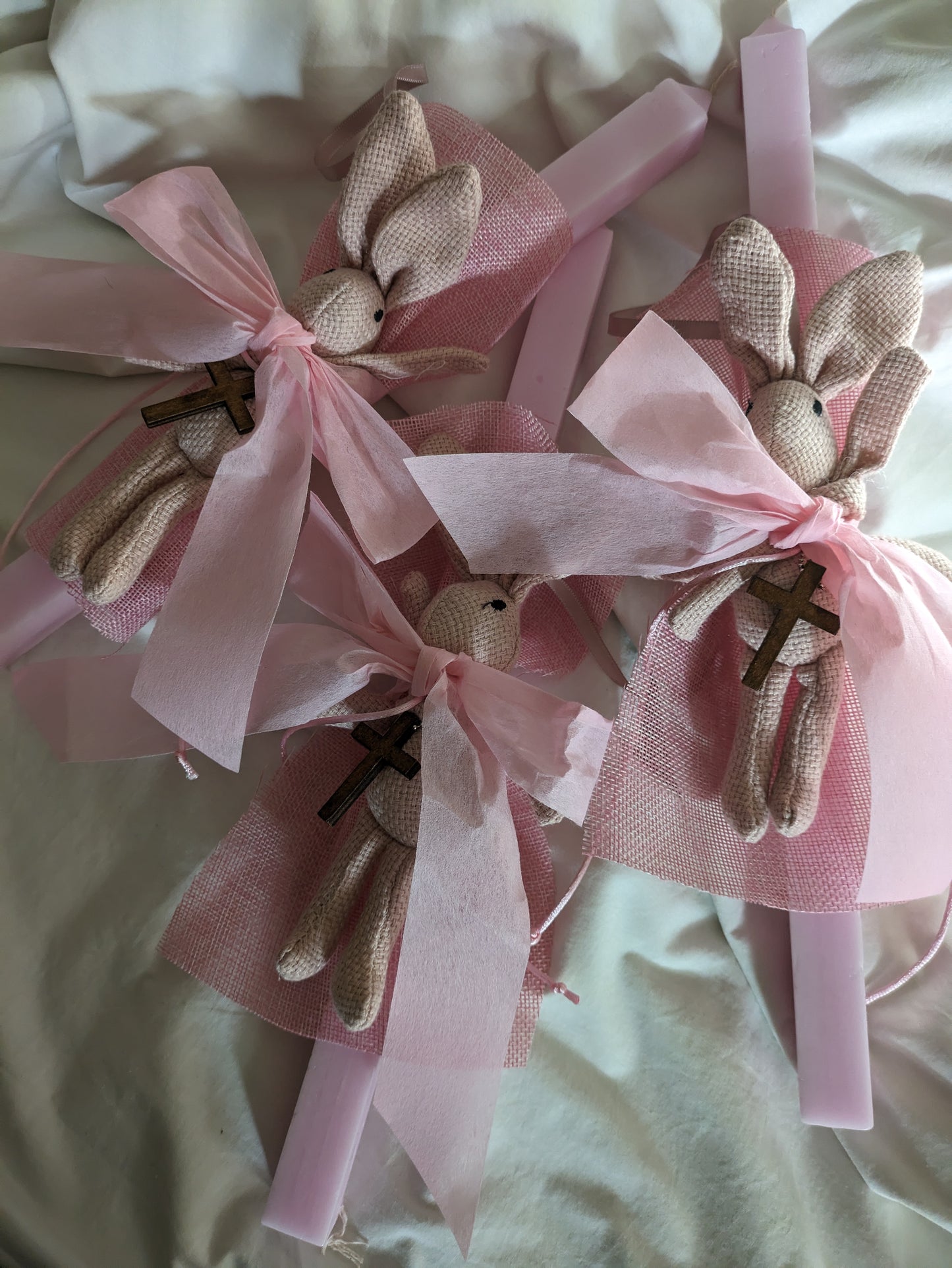 Rustic Bunny Candle with wooden Cross hanging- Pink