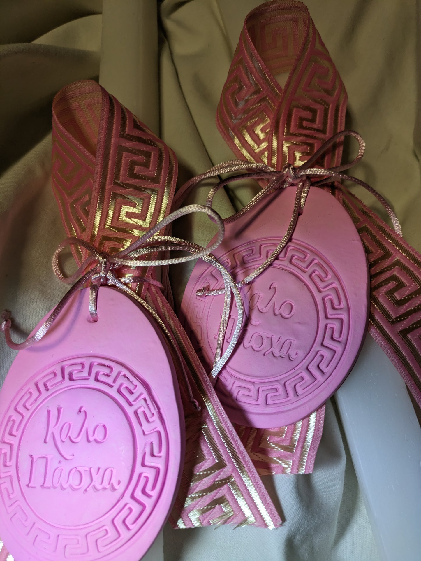 Greek Key Kalo Pasxa handpainted clay hanging candle- Pink