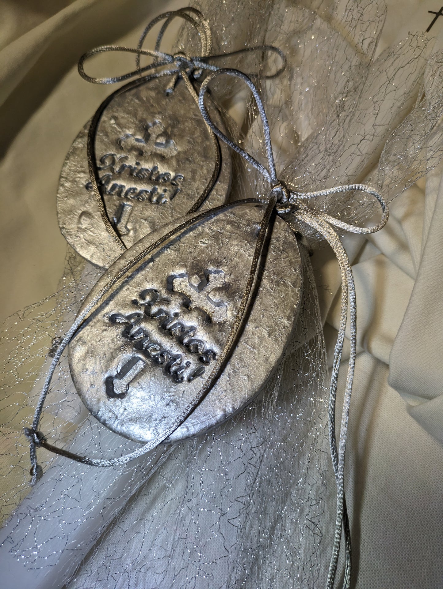 Xristos Anesti handpainted clay hanging candle- Silver