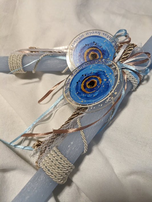 Well Wishes round Mati Magnet on blue Candle