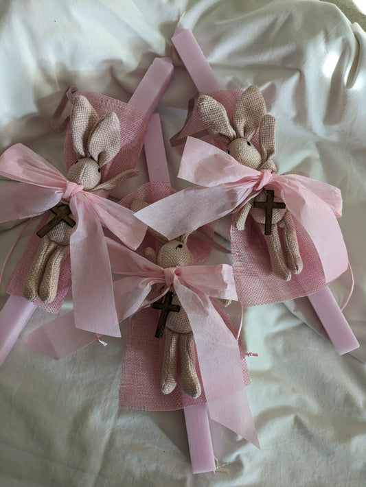 Rustic Bunny Candle with wooden Cross hanging- Pink