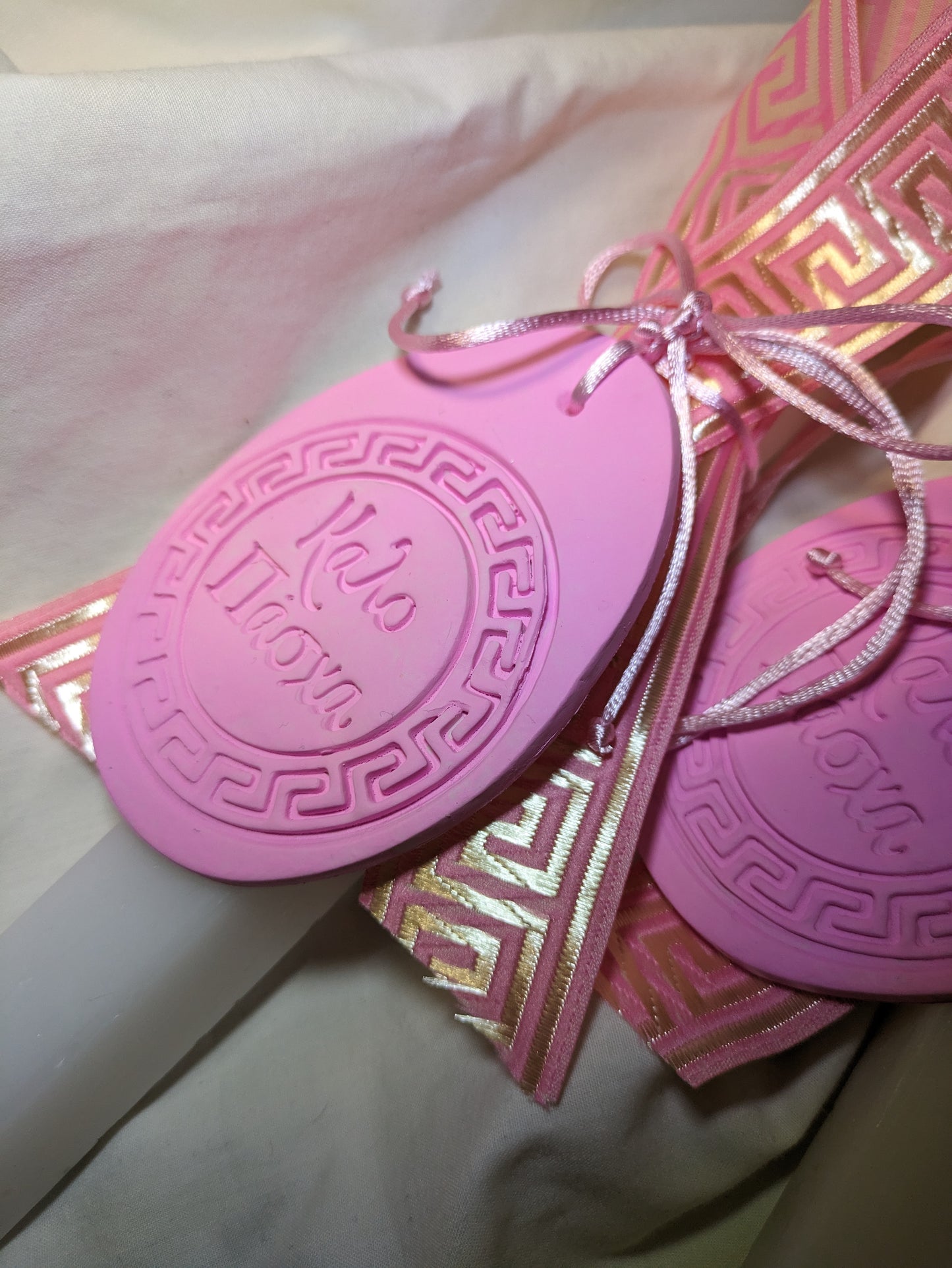 Greek Key Kalo Pasxa handpainted clay hanging candle- Pink