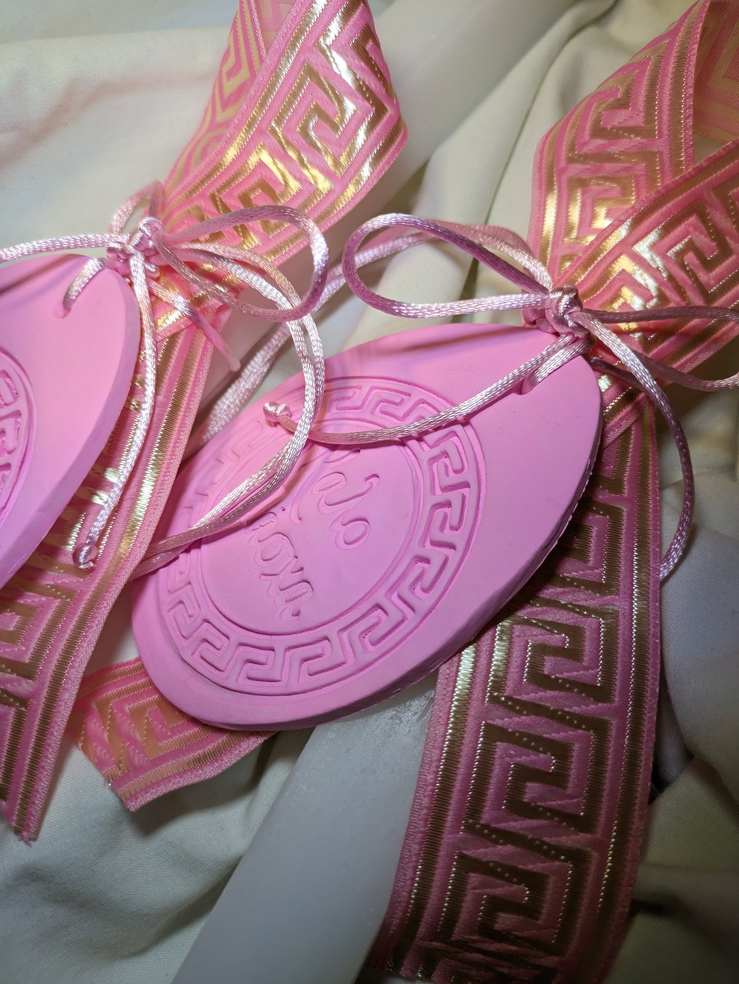 Greek Key Kalo Pasxa handpainted clay hanging candle- Pink