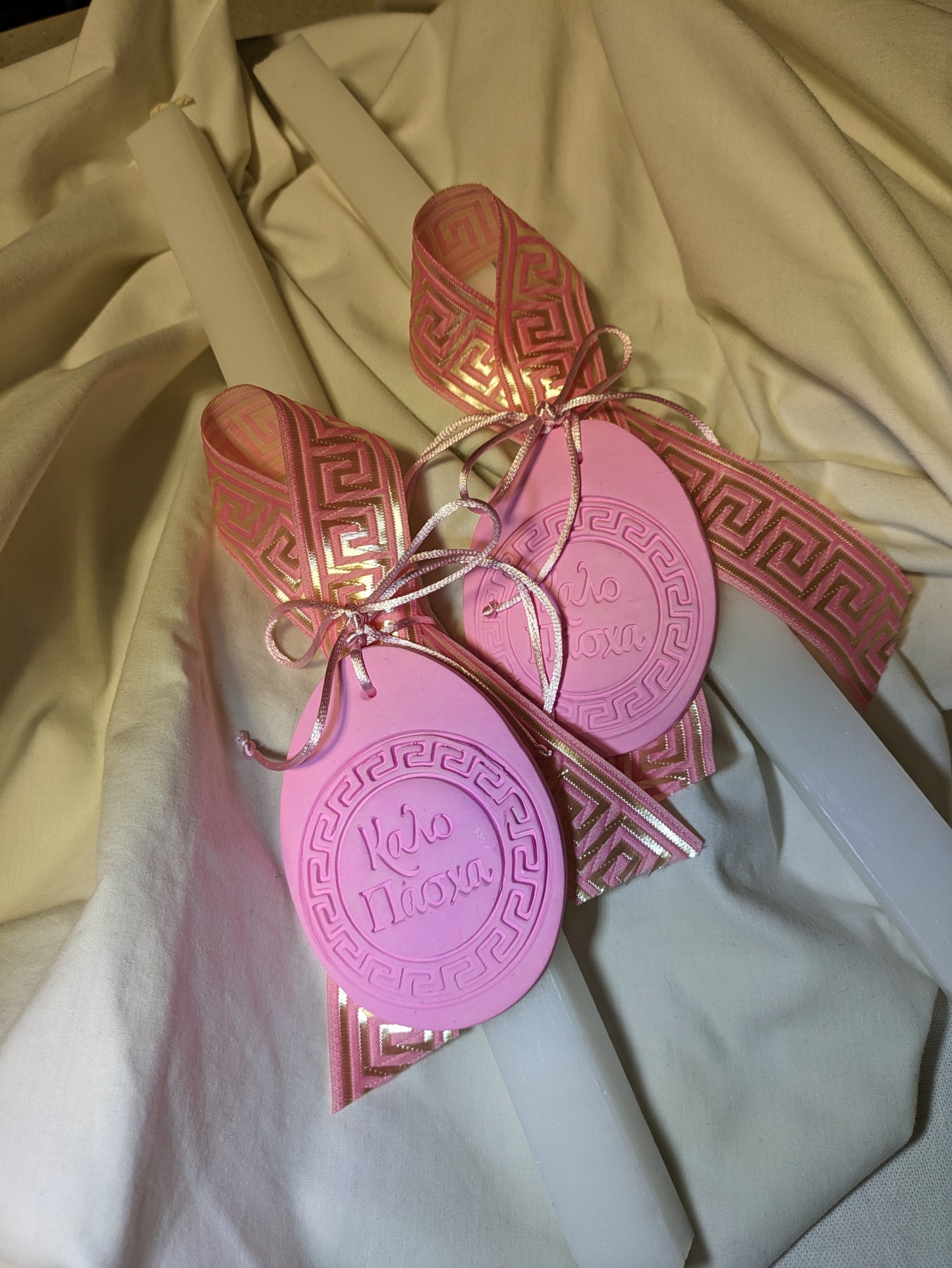 Greek Key Kalo Pasxa handpainted clay hanging candle- Pink