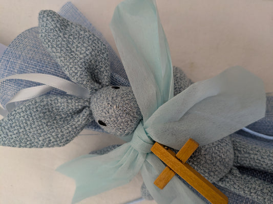 Rustic Bunny Candle with wooden Cross hanging- Blue